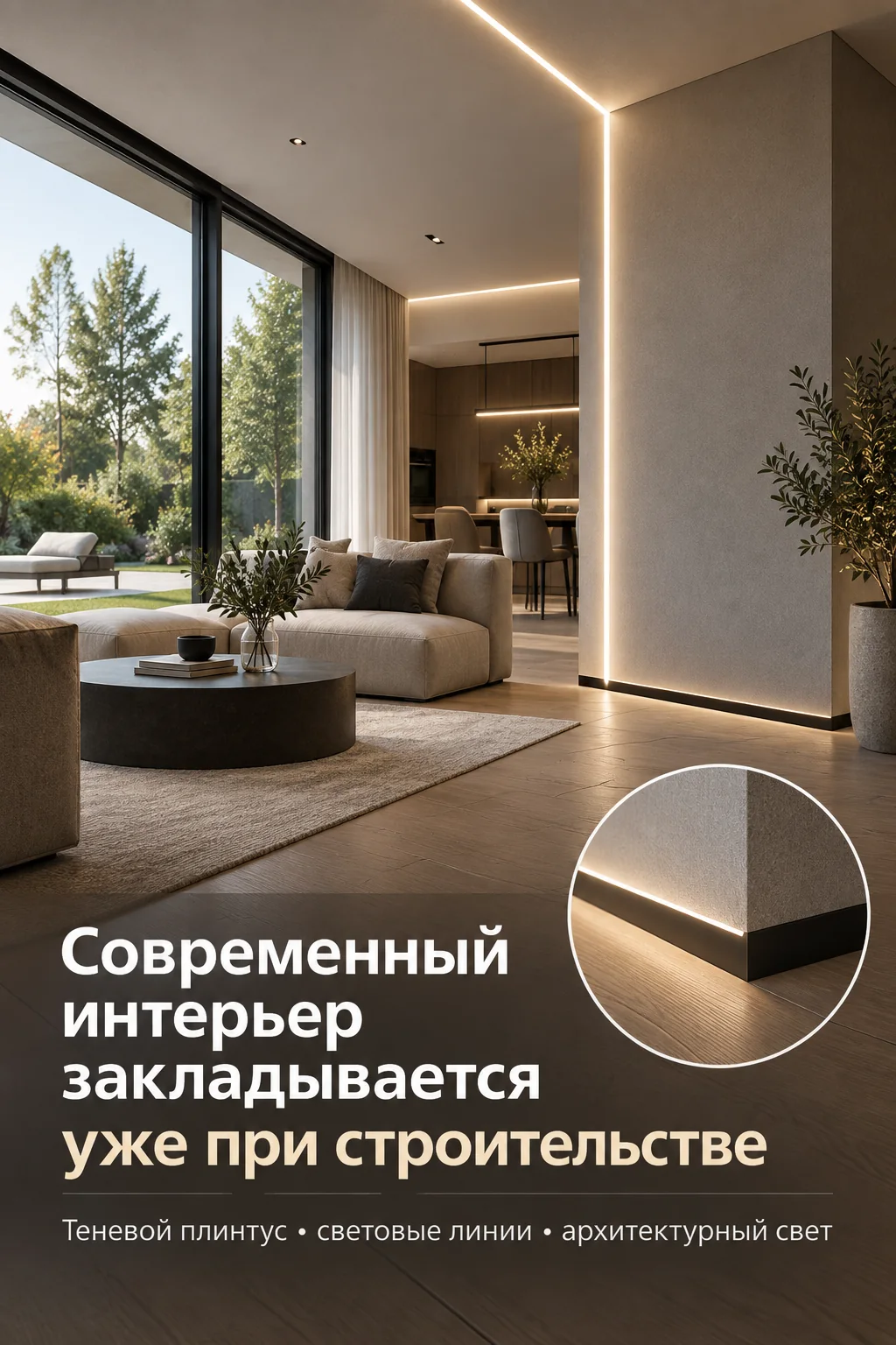 Современный интерьер со световыми линиями, теневым плинтусом и панорамными окнами