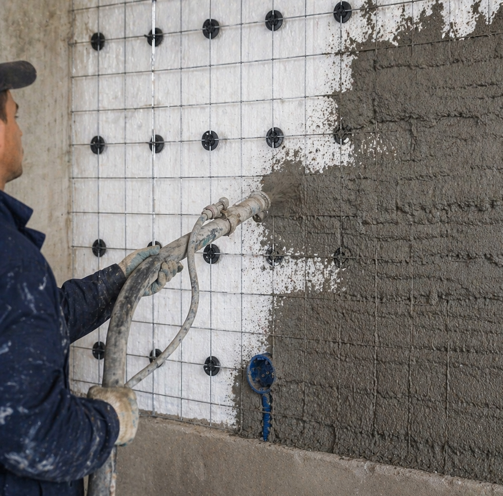 Нанесение цементно-песчаного раствора на модуль